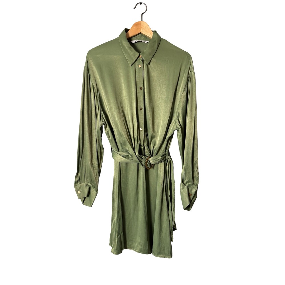 Zara Olive Green Satin Belted Shirt Dress Size XL Viscose Long Sleeve